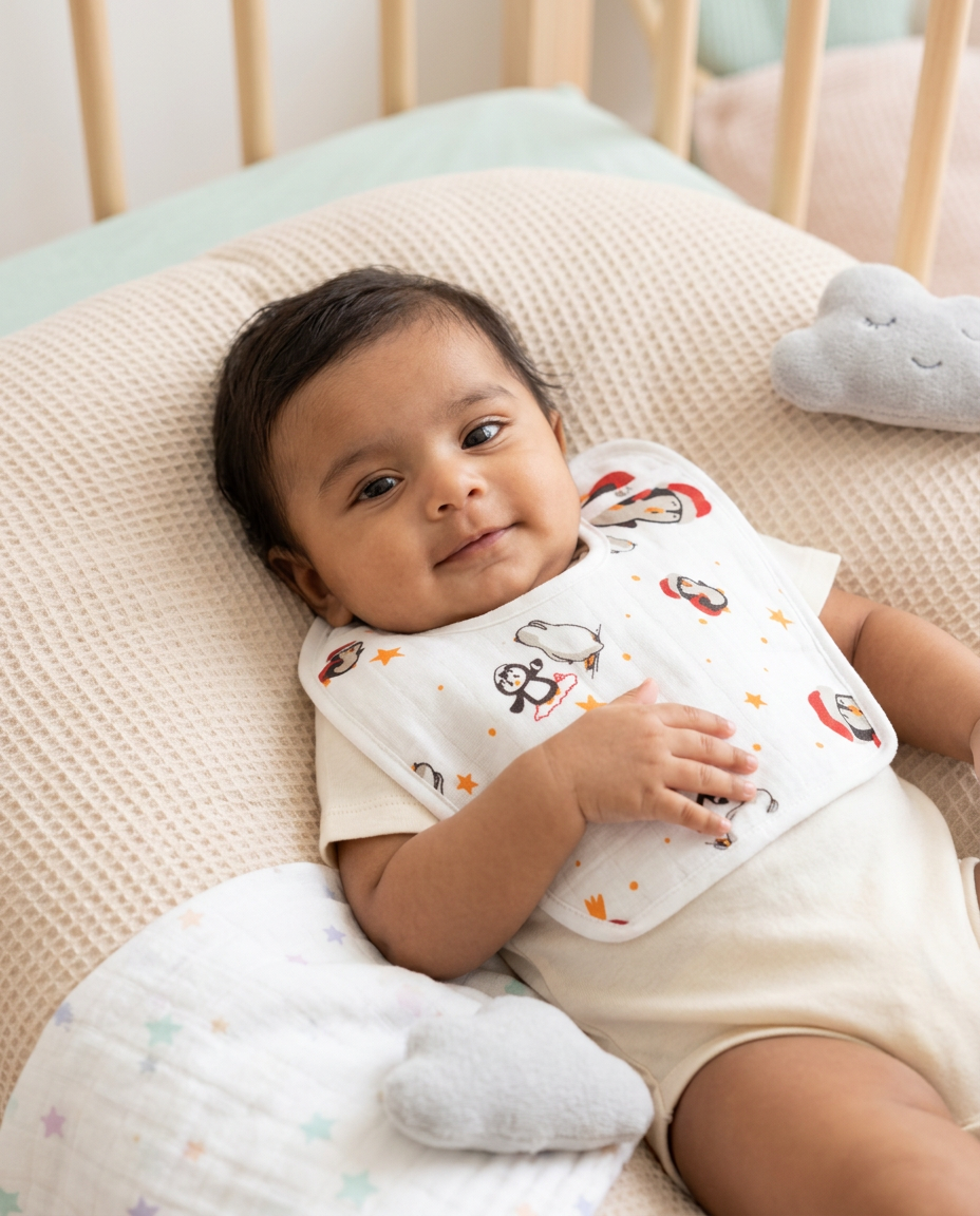 100% Organic Muslin Baby Bib - Baby Penguin