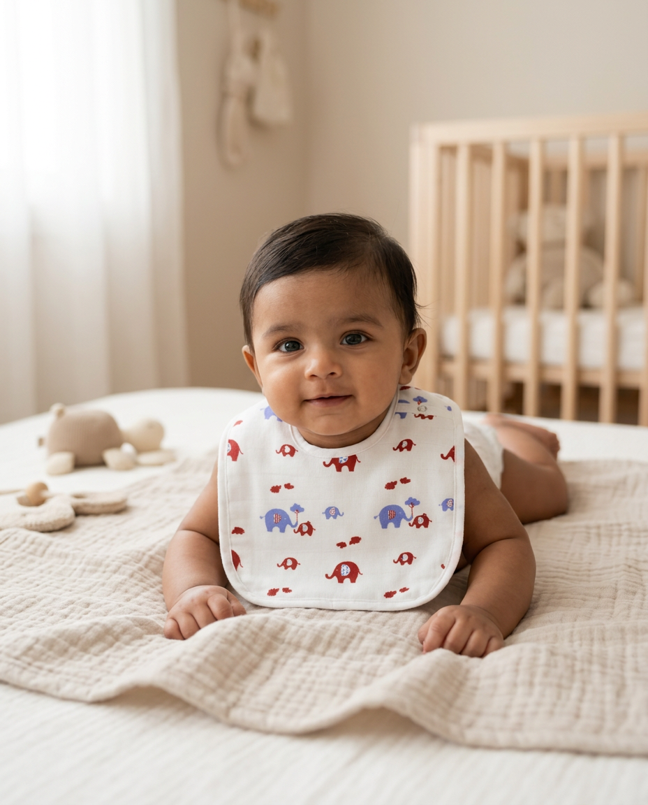 100% Organic Muslin Baby Bib - Blue Red Elephants
