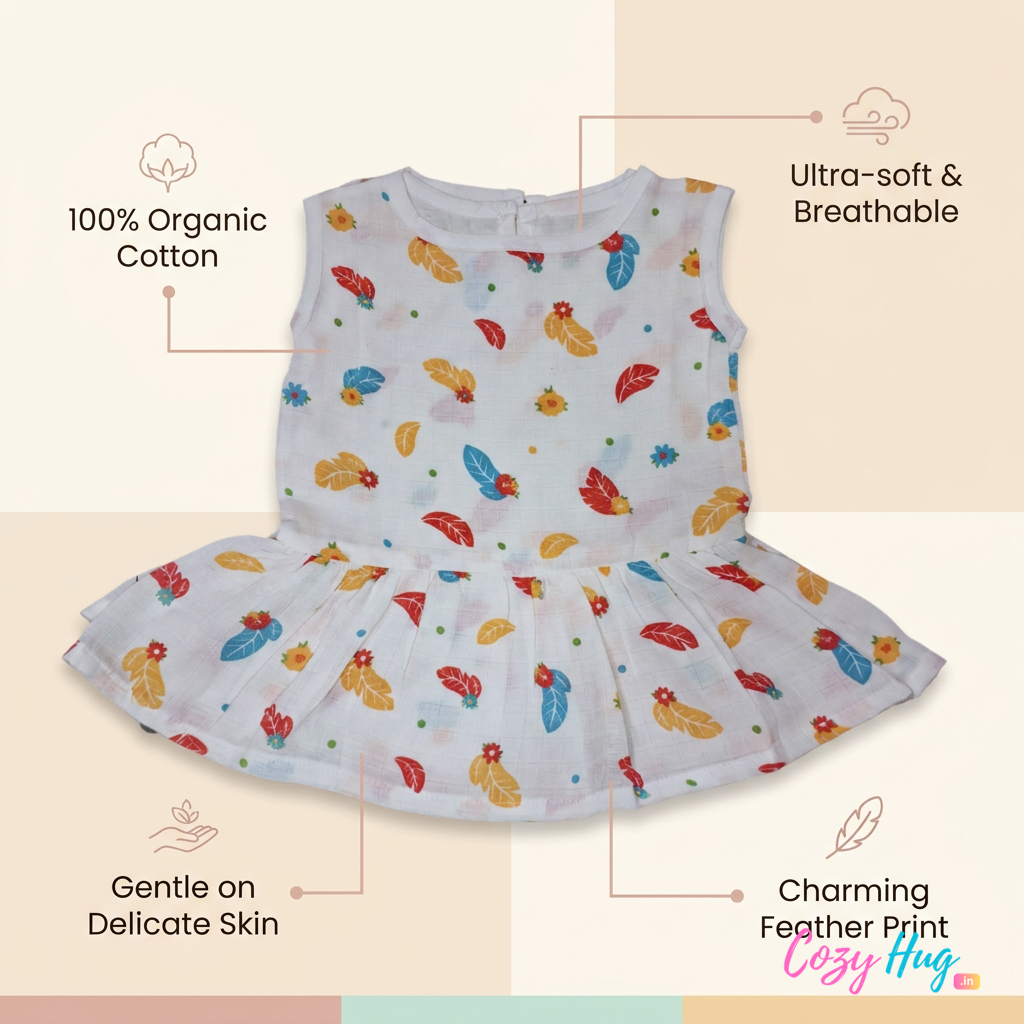 100% Organic Muslin Cotton Frock For Baby Girl | Feather | 0-3 months
