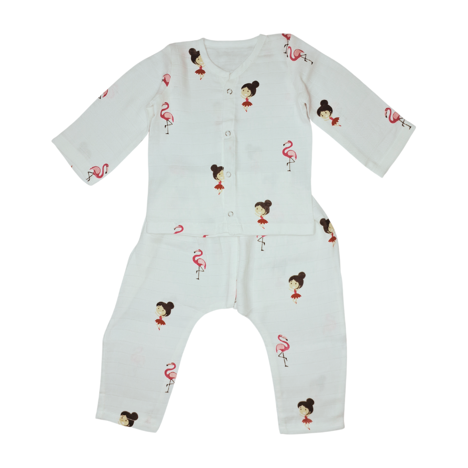 Baby Night Suit Jabla & Pants / Pyjama Set - 100% Organic Muslin Cotton - Flamingo