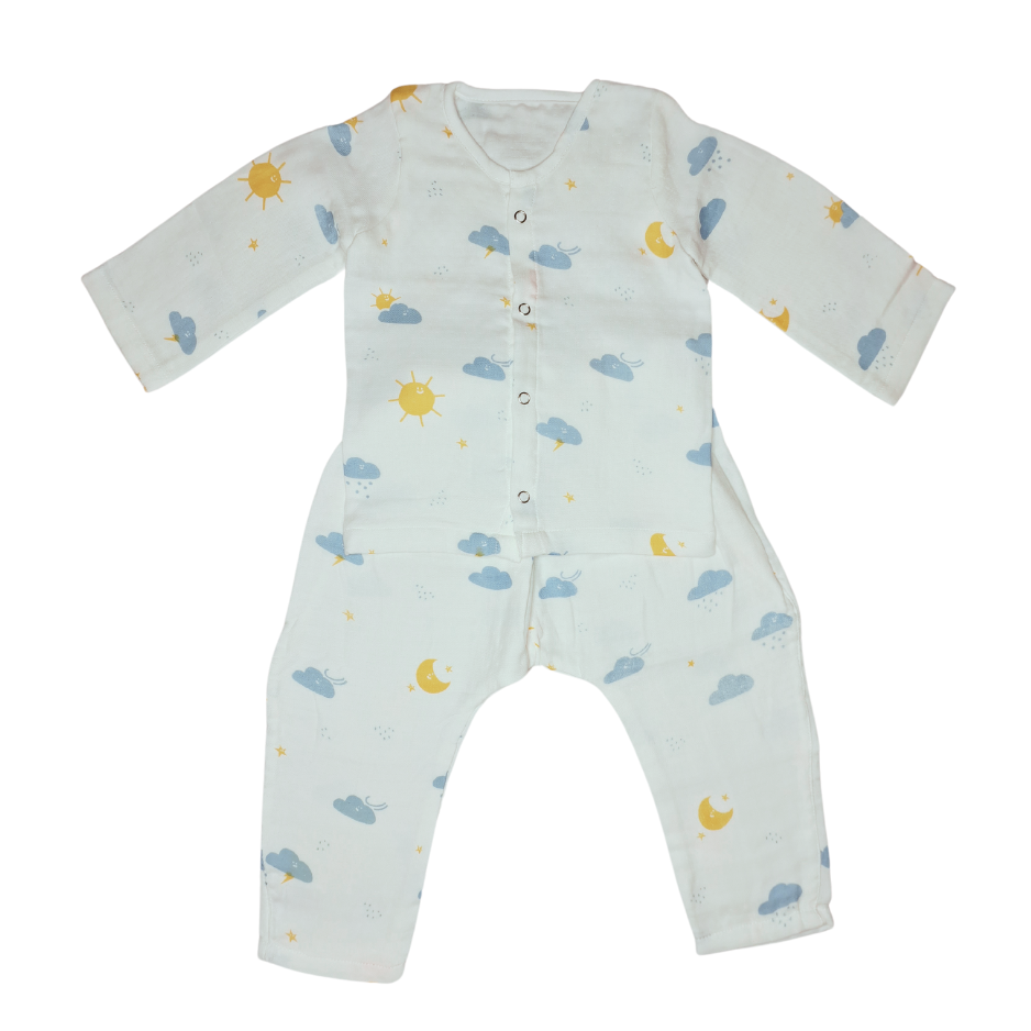 Baby Night Suit Jabla & Pants / Pyjama Set - 100% Organic Muslin Cotton - Sun and Cloud