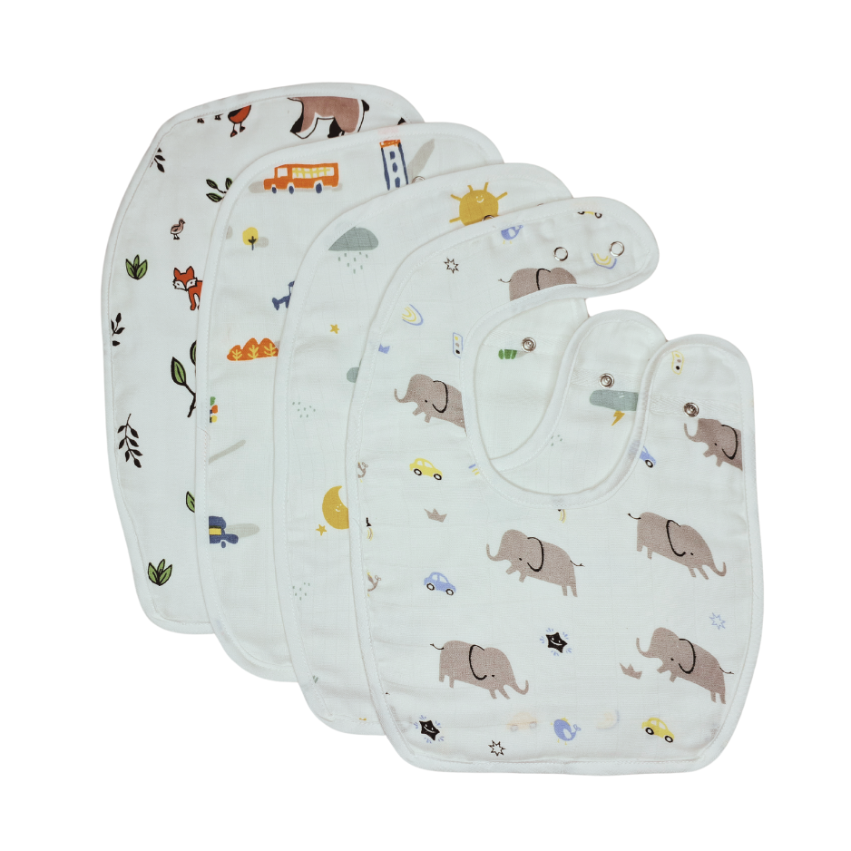 100% Organic Muslin Baby Bibs - Pack of 4 - Assorted