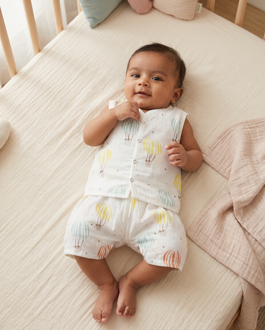 Jabla Co Ord Set - Jabla Shorts - 100% Organic Muslin Cotton - Hot Air Balloon
