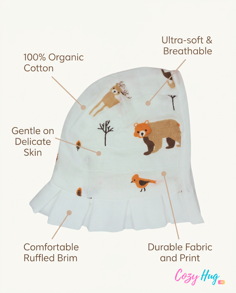 Muslin Newborn Bonnet Hats - 100% Organic Cotton - Bear and Bird
