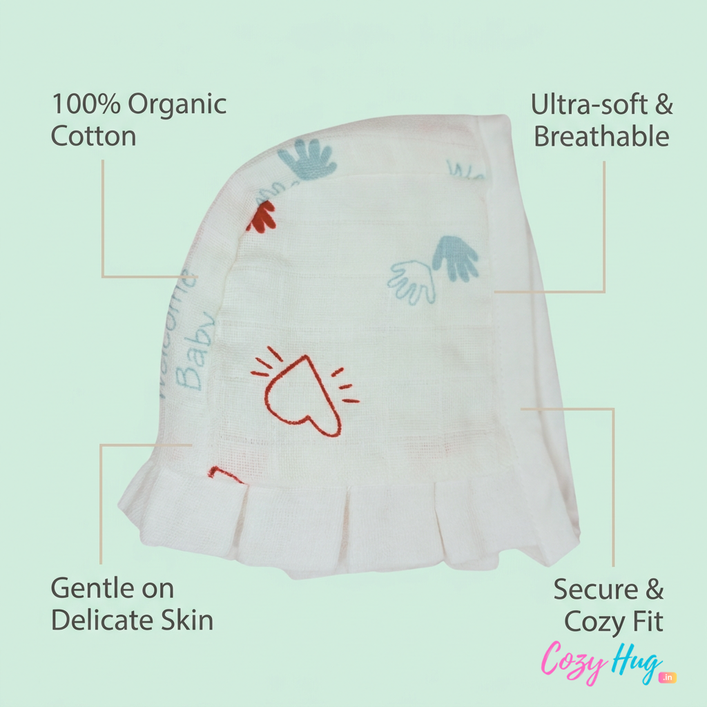 Muslin Newborn Bonnet Hats - 100% Organic Cotton - Welcome Baby