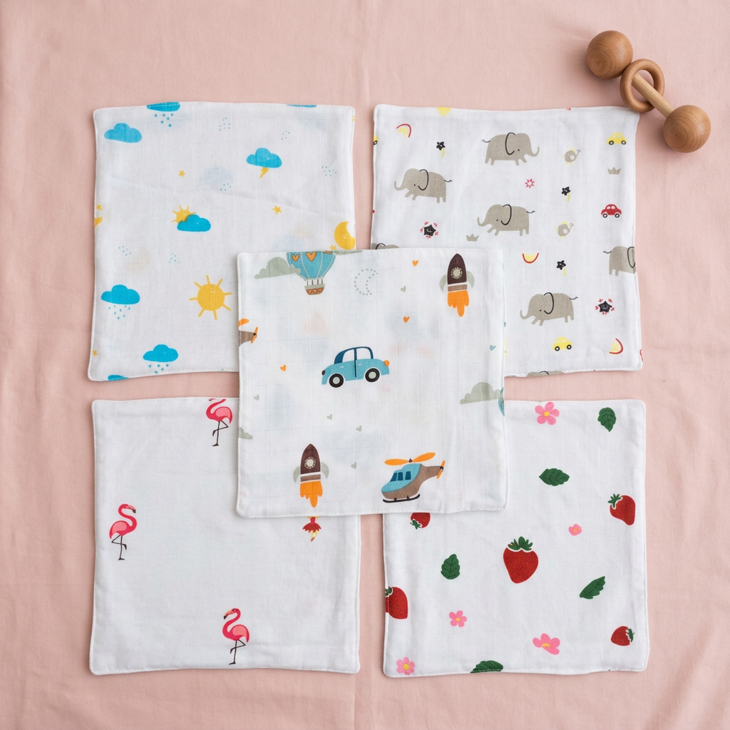 100% Muslin Baby Wipe Clothes - Pack of 5 - Assorted
