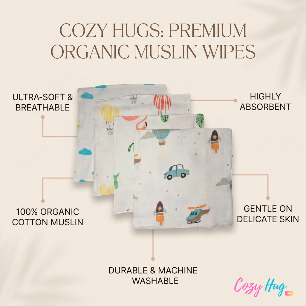 100% Muslin Baby Wipe Clothes - Pack of 4 - Assorted