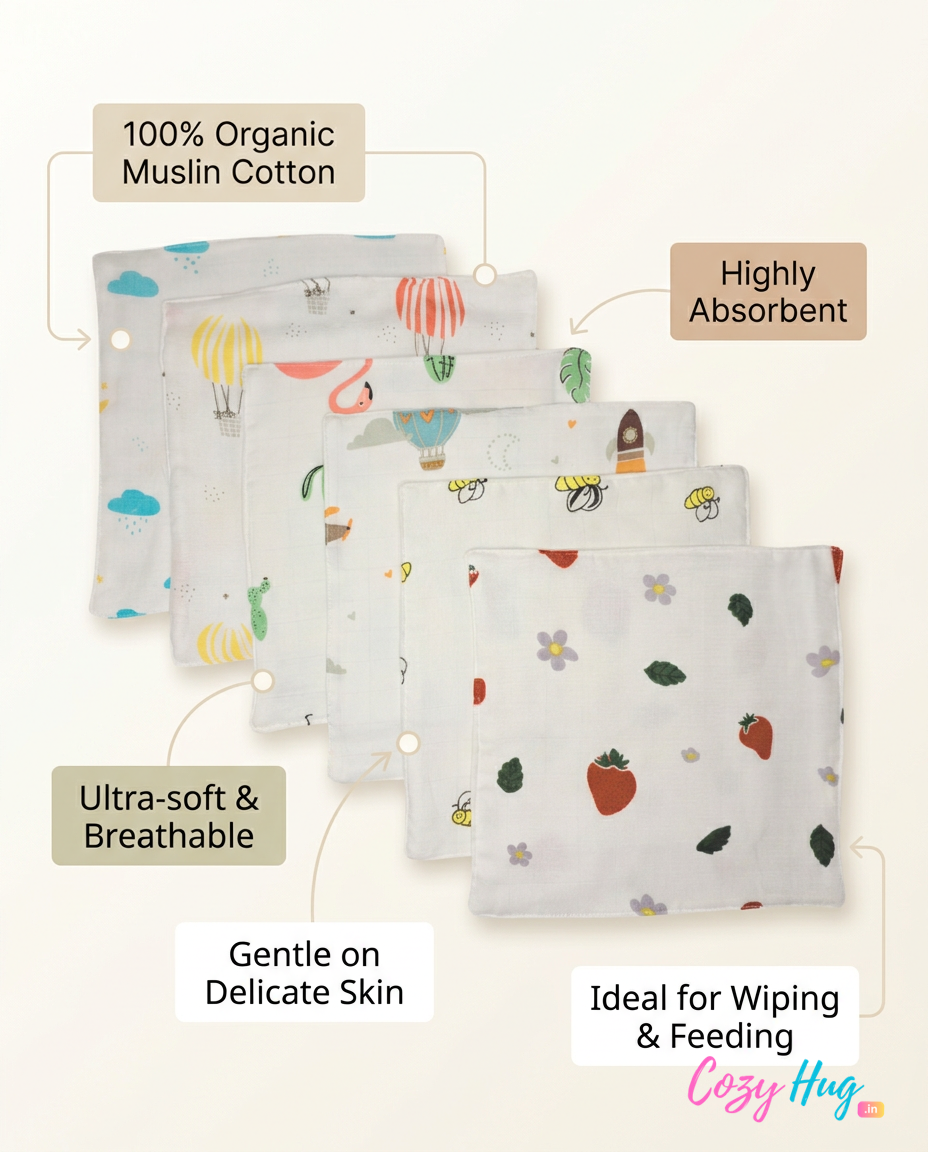 100% Muslin Baby Wipe Clothes - Pack of 6 - Assorted
