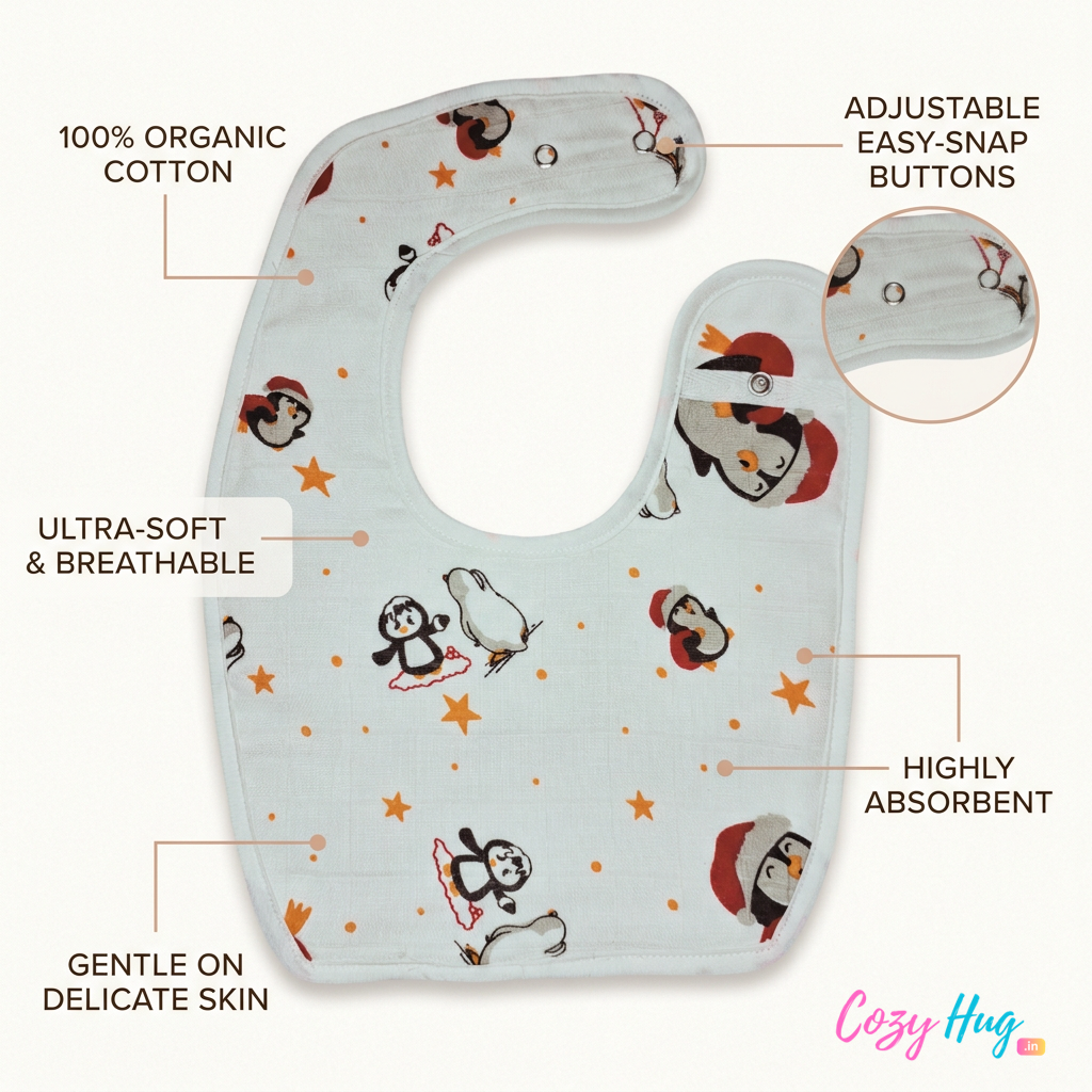 100% Organic Muslin Baby Bib - Baby Penguin