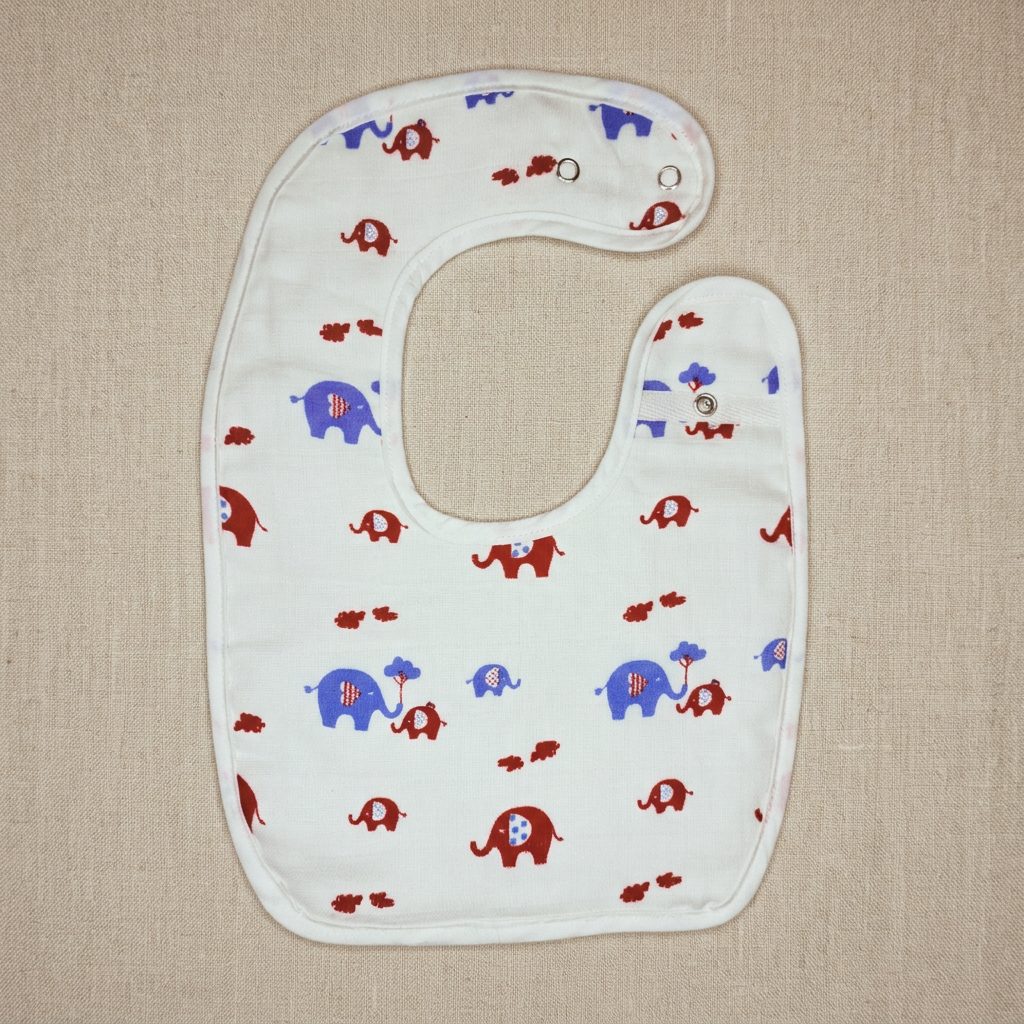100% Organic Muslin Baby Bib - Blue Red Elephants