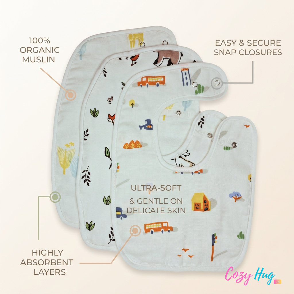 100% Organic Muslin Baby Bibs - Pack of 3 - Assorted