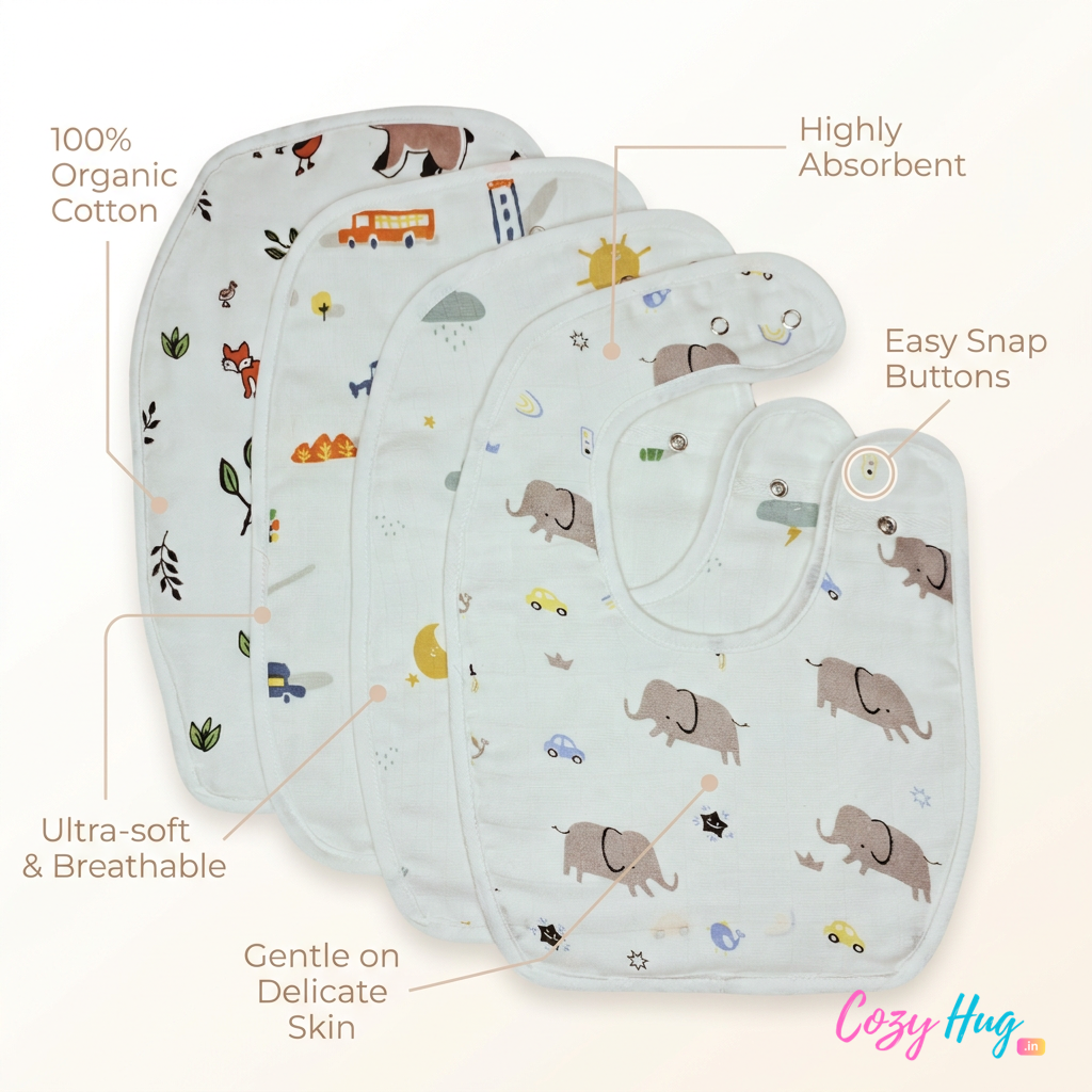 100% Organic Muslin Baby Bibs - Pack of 4 - Assorted