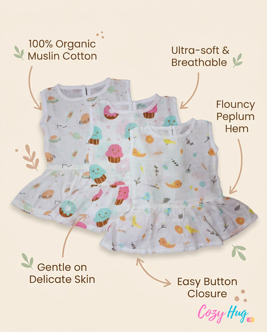 100% Organic Muslin Cotton Frock For Baby Girl | 0-3 Months | Combo Pack of 3
