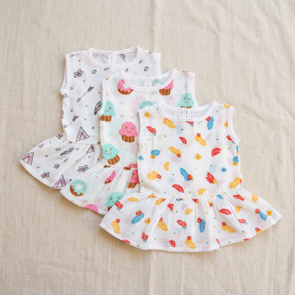 100% Organic Muslin Cotton Frock For Baby Girl | 0-3 Months | Combo Pack of 5