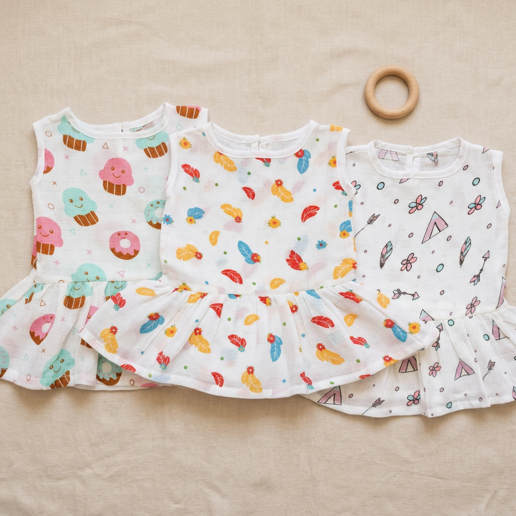 100% Organic Muslin Cotton Frock For Baby Girl | 0-3 Months | Combo Pack of 5
