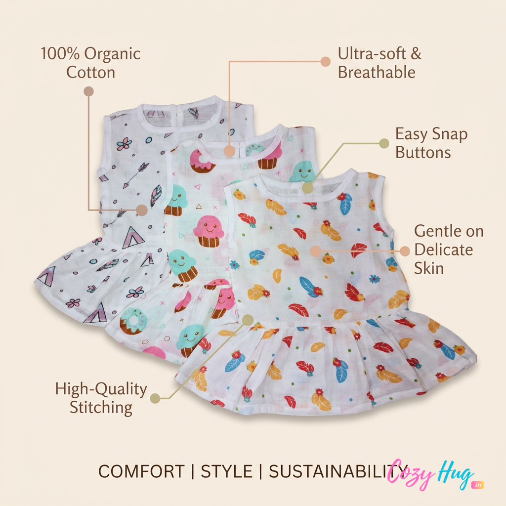 100% Organic Muslin Cotton Frock For Baby Girl | 0-3 Months | Combo Pack of 5