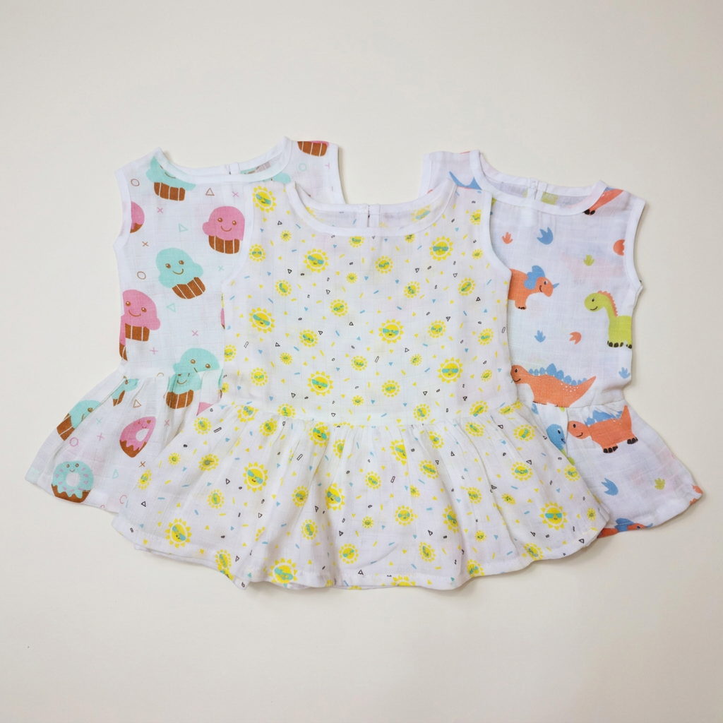 100% Organic Muslin Cotton Frock For Baby Girl | 3-6 Months | Combo Pack of 3
