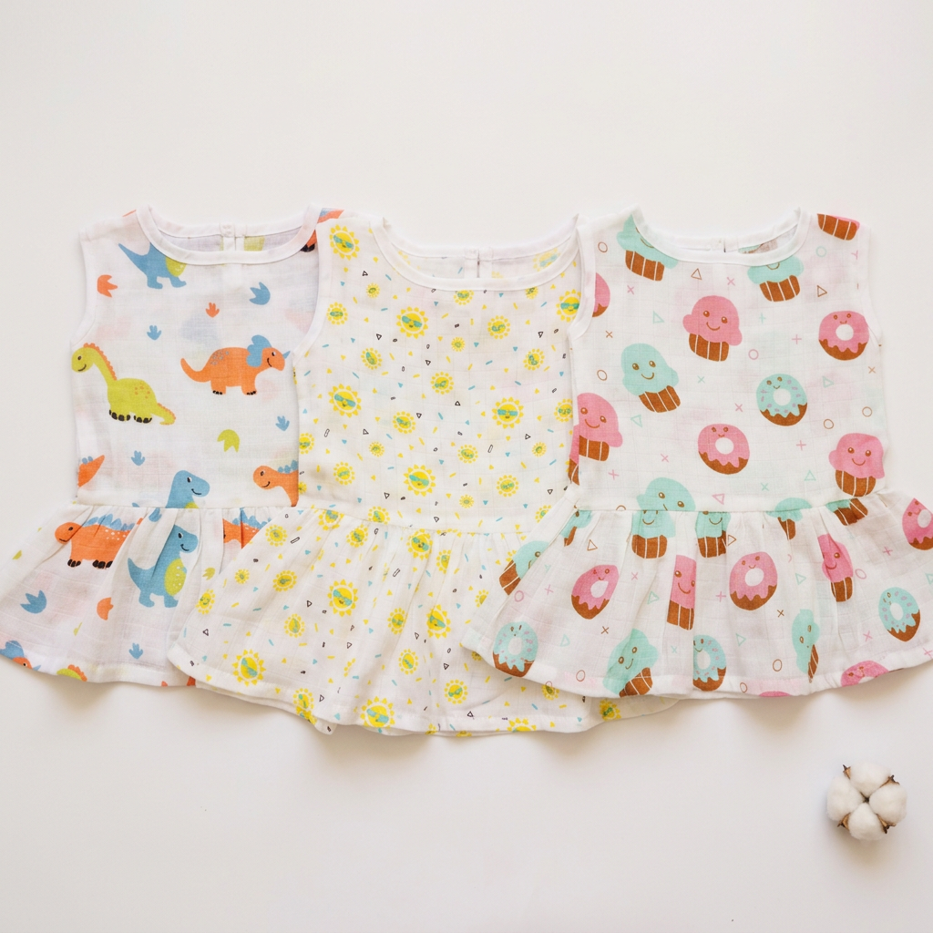 100% Organic Muslin Cotton Frock For Baby Girl | 3-6 Months | Combo Pack of 3