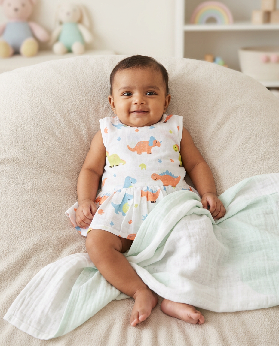 100% Organic Muslin Cotton Frock For Baby Girl | 3-6 Months | Combo Pack of 3
