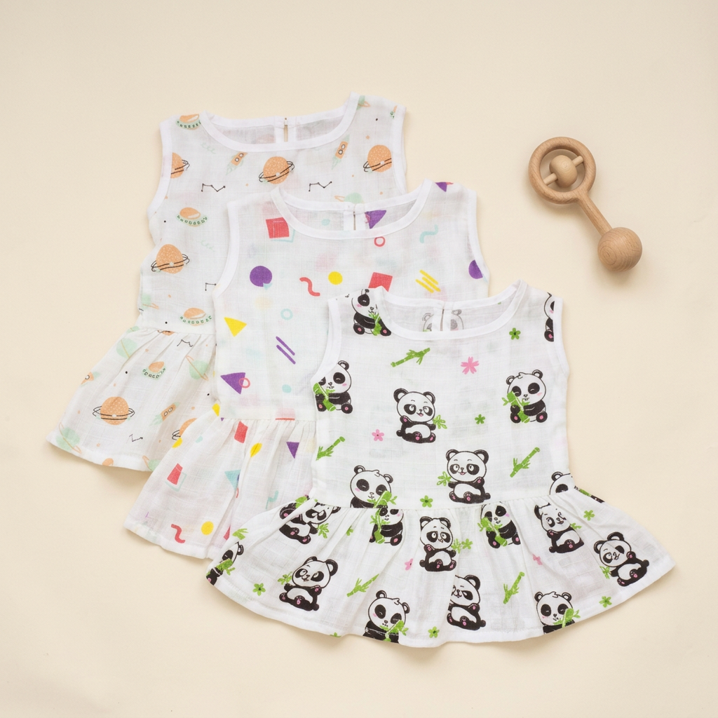 100% Organic Muslin Cotton Frock For Baby Girl | 6-12 Months | Combo Pack of 3