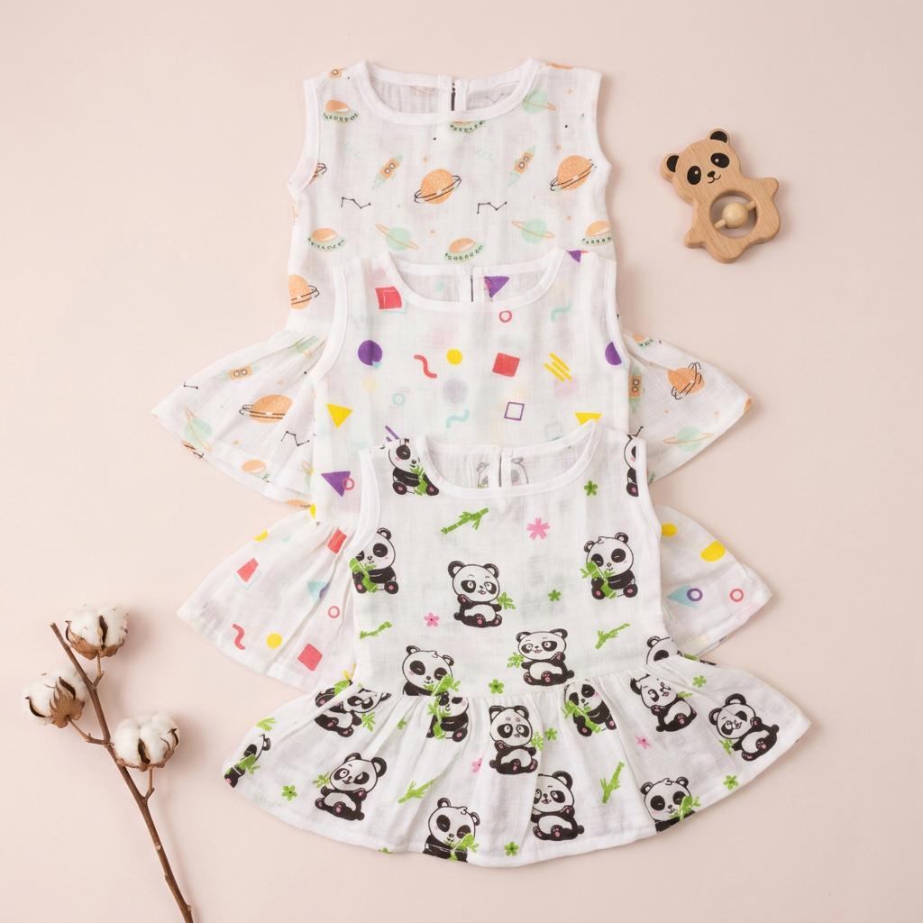 100% Organic Muslin Cotton Frock For Baby Girl | 6-12 Months | Combo Pack of 3