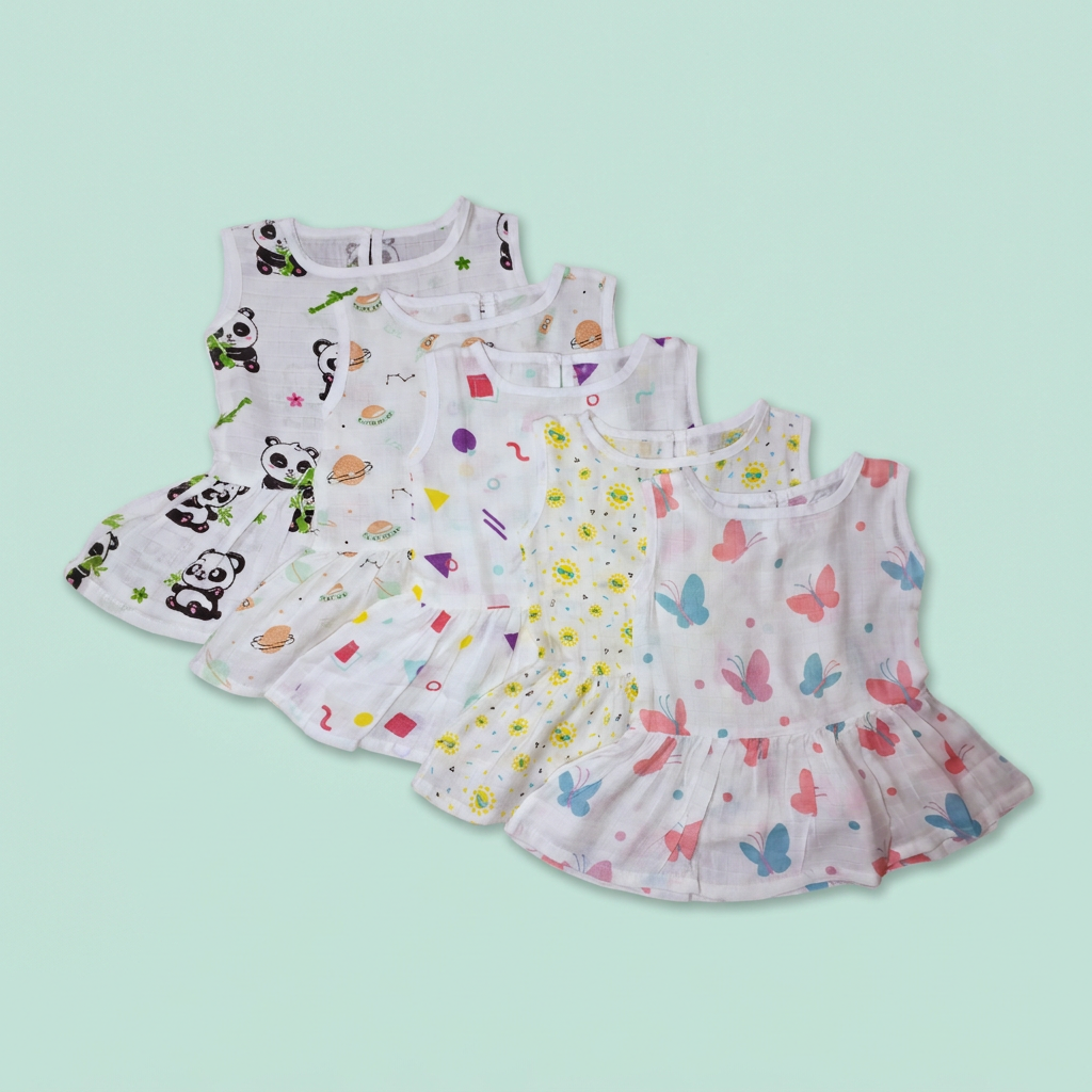 100% Organic Muslin Cotton Frock For Baby Girl | 6-12 Months | Combo Pack of 5