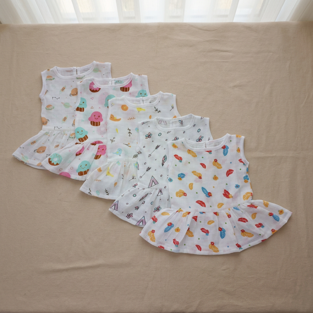 100% Organic Muslin Cotton Frock For Baby Girl | 0-3 Months | Combo Pack of 5