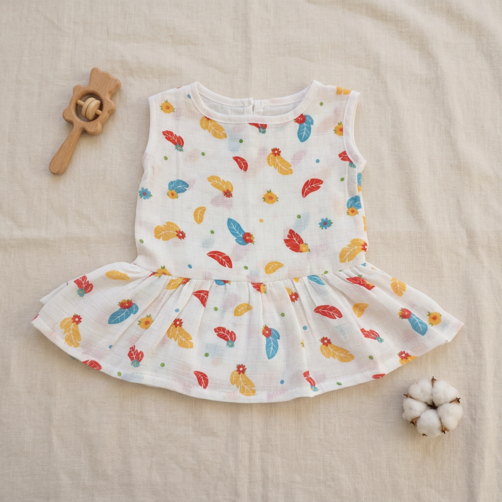 100% Organic Muslin Cotton Frock For Baby Girl | Feather | 0-3 months