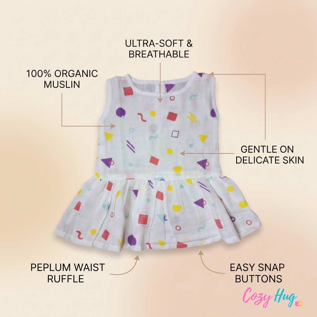 100% Organic Muslin Cotton Frock For Baby Girl | Dino | 3-6 months
