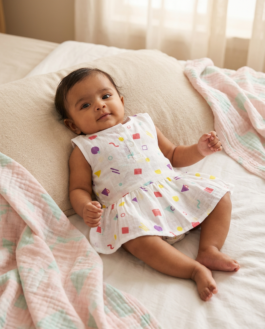 100% Organic Muslin Cotton Frock For Baby Girl | Geometry