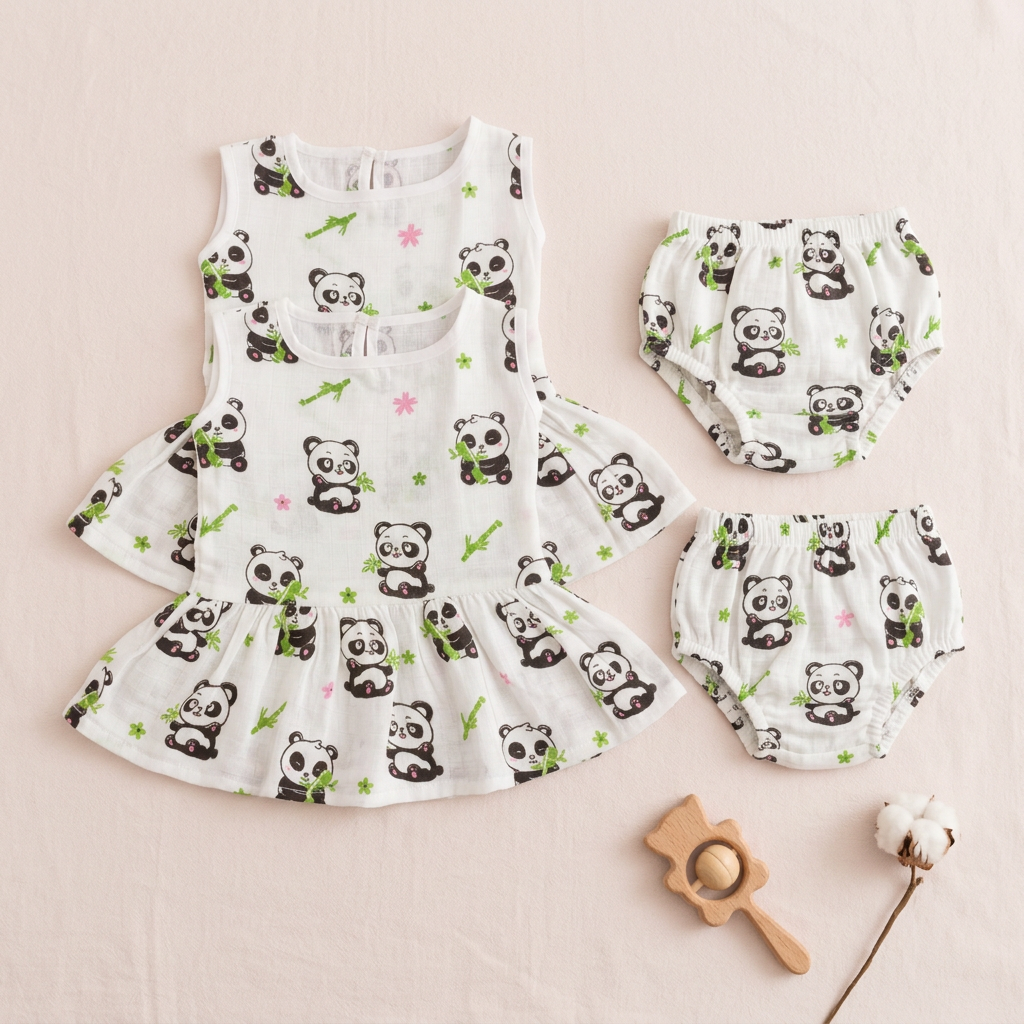 100% Organic Muslin Cotton Frock For Baby Girl | Panda | 6-12 months