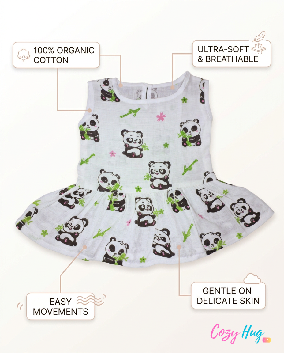100% Organic Muslin Cotton Frock For Baby Girl | Panda | 6-12 months