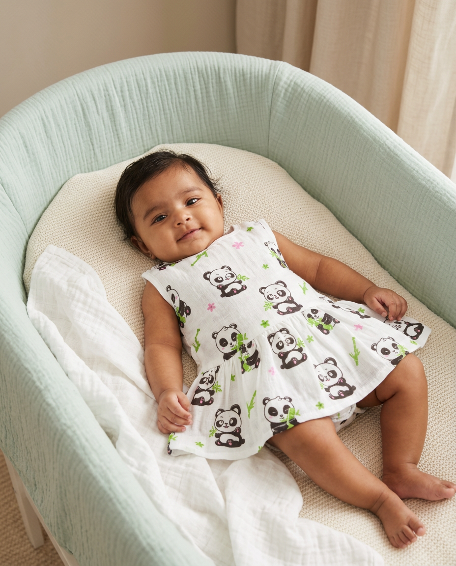 100% Organic Muslin Cotton Frock For Baby Girl | Panda | 6-12 months