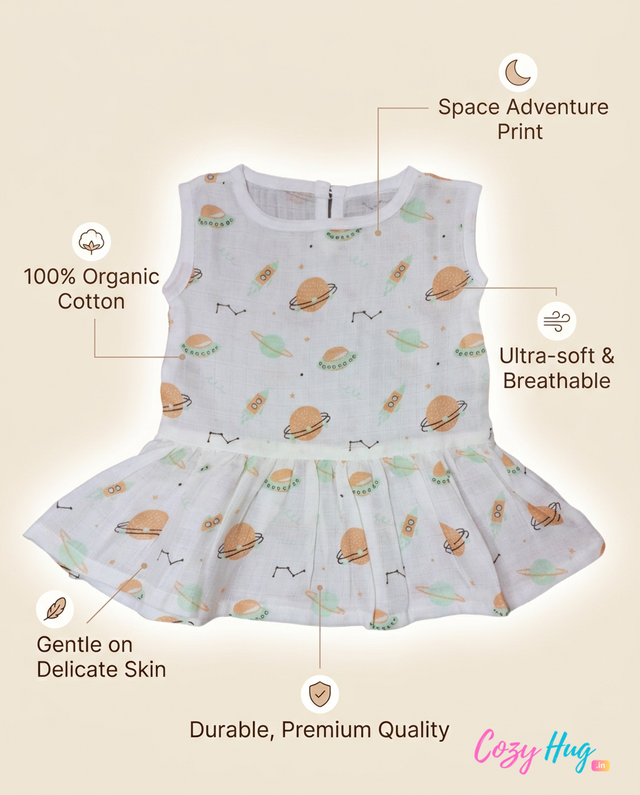 100% Organic Muslin Cotton Frock For Baby Girl | Space