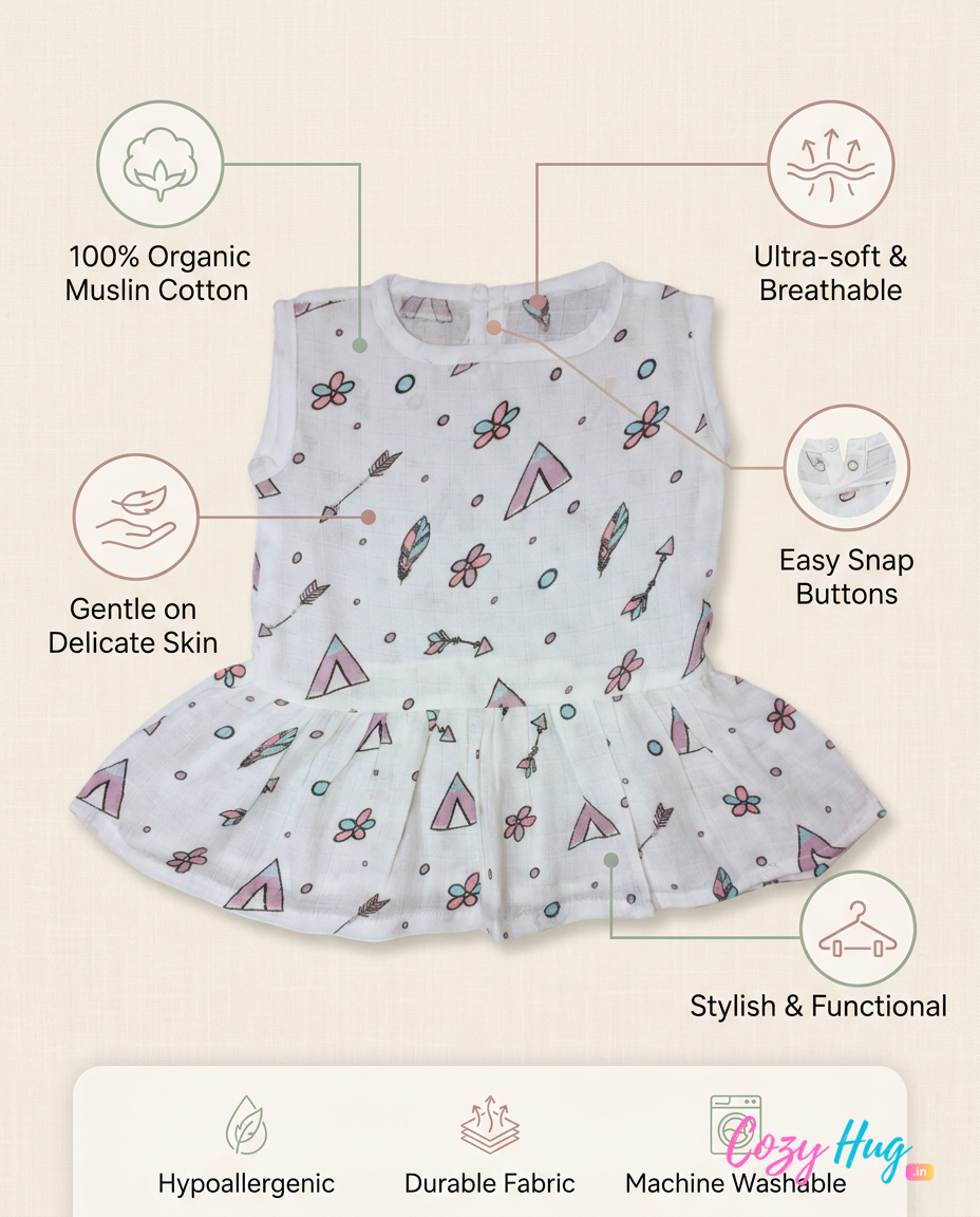 100% Organic Muslin Cotton Frock For Baby Girl | Tent | 0-3 monhts