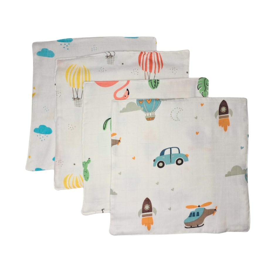 100% Muslin Baby Wipe Clothes - Pack of 4 - Assorted