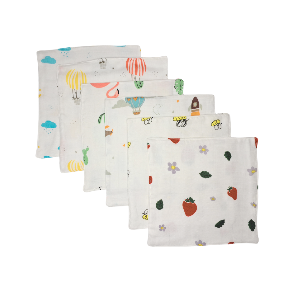 100% Muslin Baby Wipe Clothes - Pack of 6 - Assorted