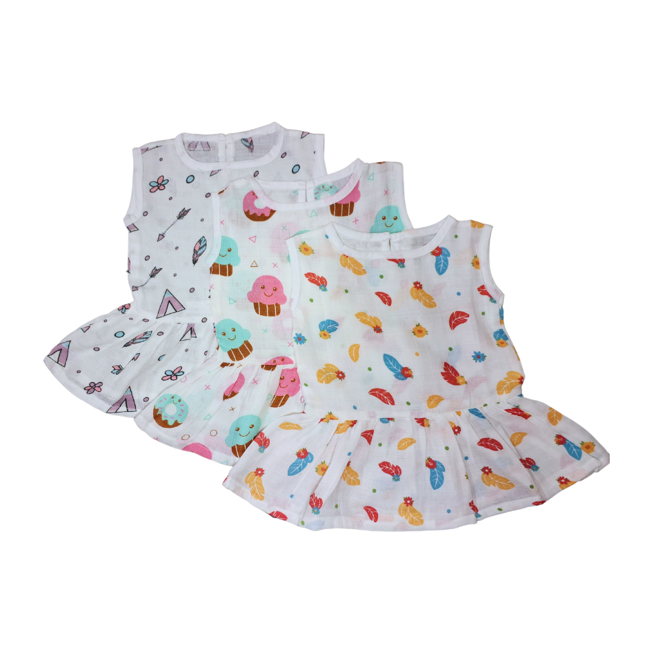 100% Organic Muslin Cotton Frock For Baby Girl | 0-3 Months | Combo Pack of 3