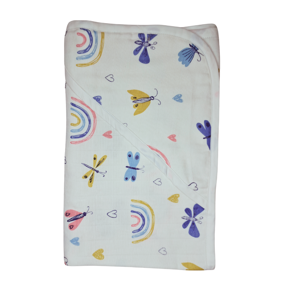 Muslin Hooded Towel - 100% Organic Cotton - Rainbow and Butterflies