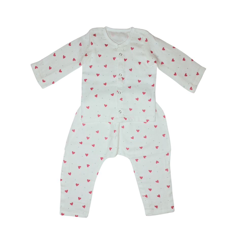 Baby Night Suit Jabla & Pants / Pyjama Set - 100% Organic Muslin Cotton - Hearts
