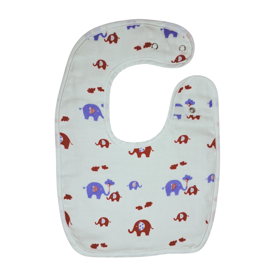 100% Organic Muslin Baby Bib - Blue Red Elephants
