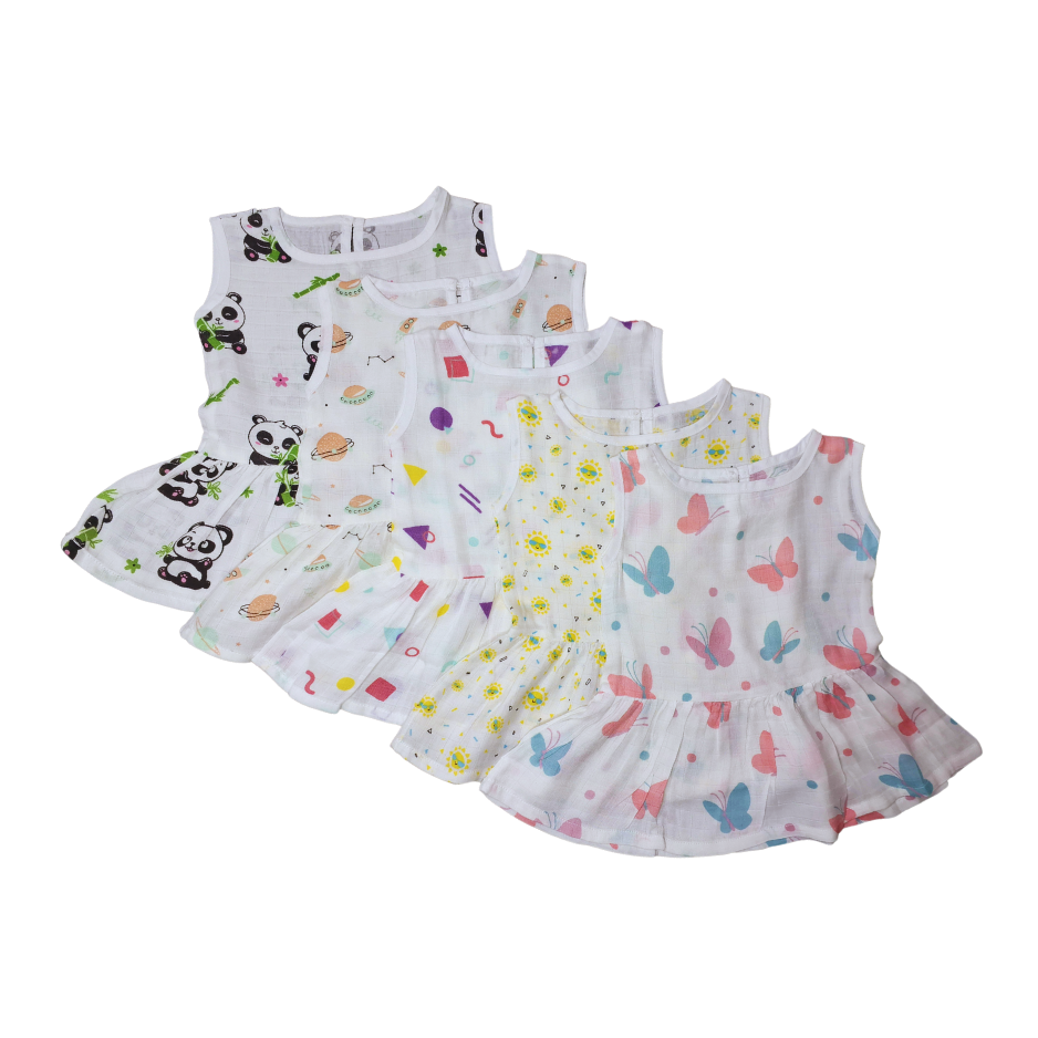 100% Organic Muslin Cotton Frock For Baby Girl | 6-12 Months | Combo Pack of 5
