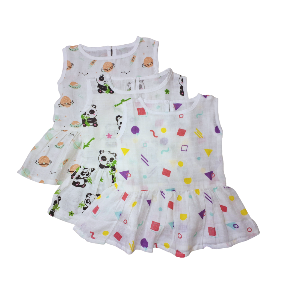 100% Organic Muslin Cotton Frock For Baby Girl | 6-12 Months | Combo Pack of 3
