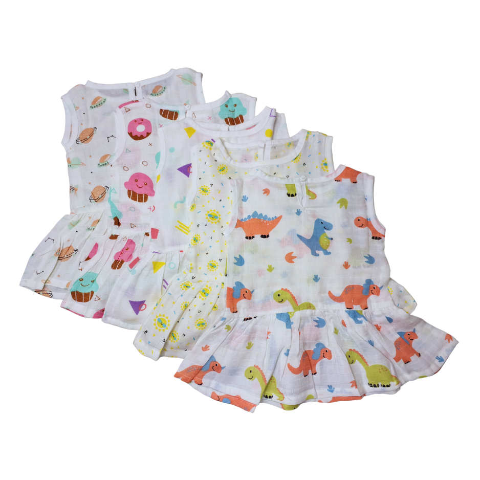 100% Organic Muslin Cotton Frock For Baby Girl | 3-6 Months | Combo Pack of 5