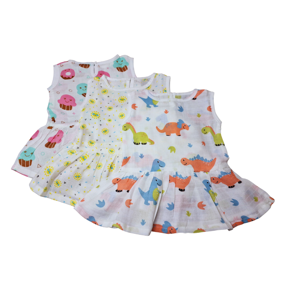100% Organic Muslin Cotton Frock For Baby Girl | 3-6 Months | Combo Pack of 3