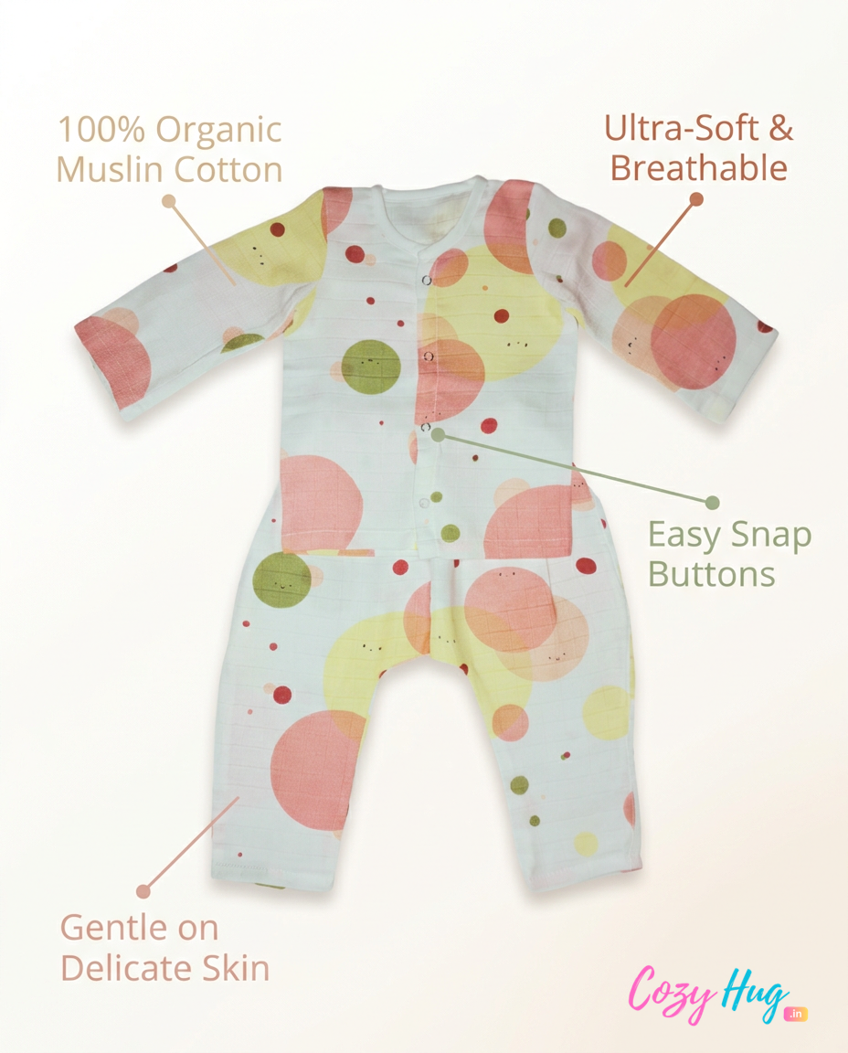 Baby Night Suit Jabla & Pants / Pyjama Set - 100% Organic Muslin Cotton - Circle Pattern