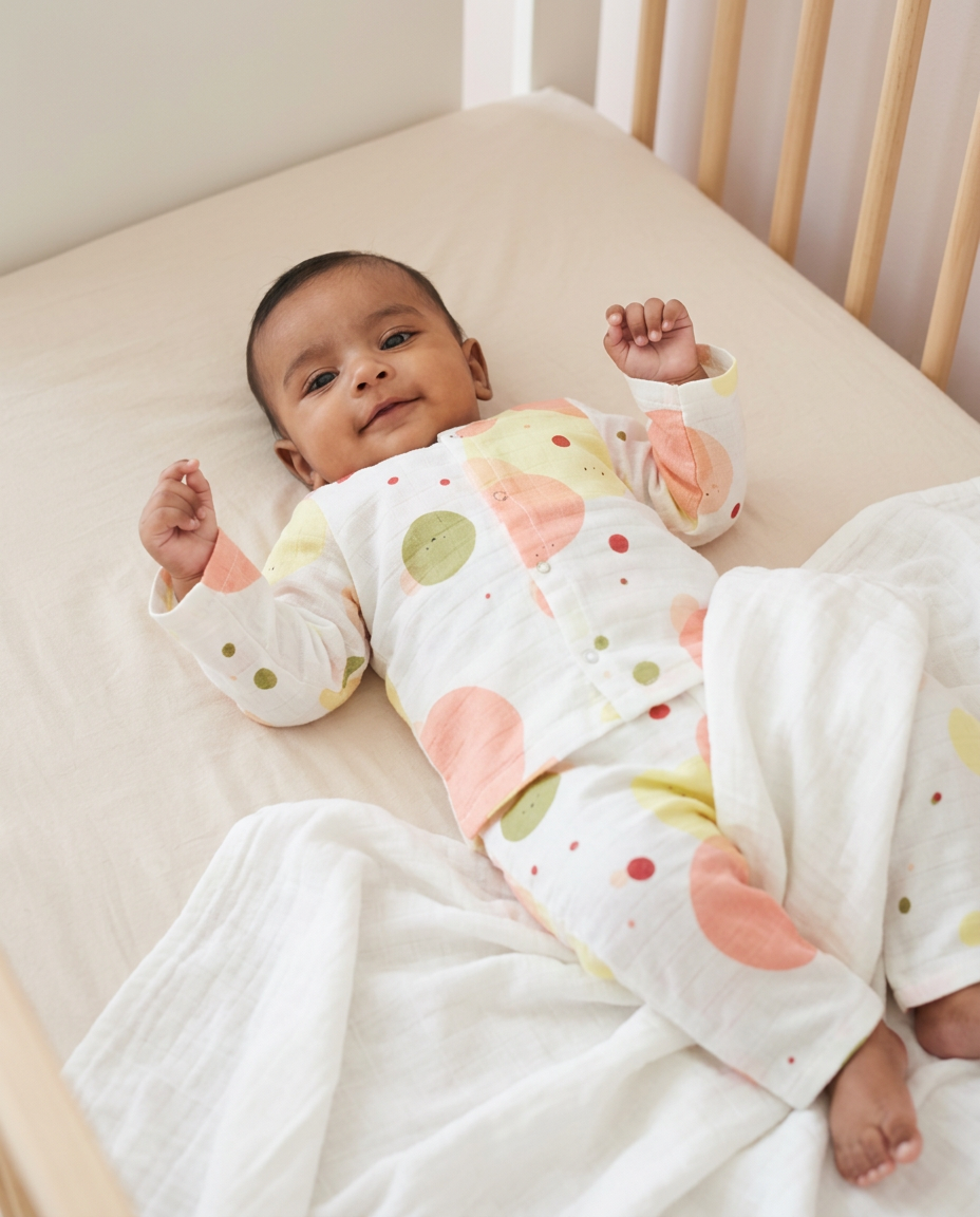 Baby Night Suit Jabla & Pants / Pyjama Set - 100% Organic Muslin Cotton - Circle Pattern