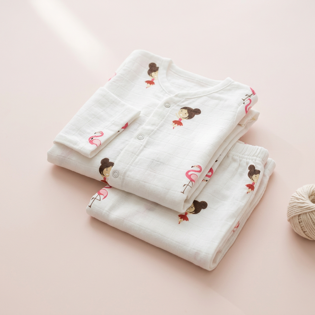 Baby Night Suit Jabla & Pants / Pyjama Set - 100% Organic Muslin Cotton - Flamingo