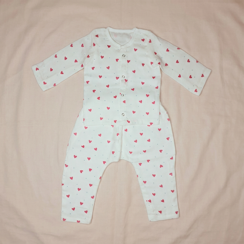 Baby Night Suit Jabla & Pants / Pyjama Set - 100% Organic Muslin Cotton - Hearts