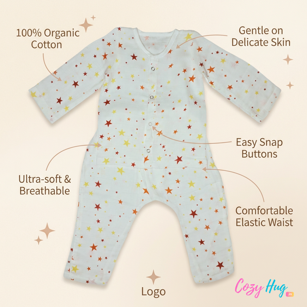 Baby Night Suit Jabla & Pants / Pyjama Set - 100% Organic Muslin Cotton - Stars